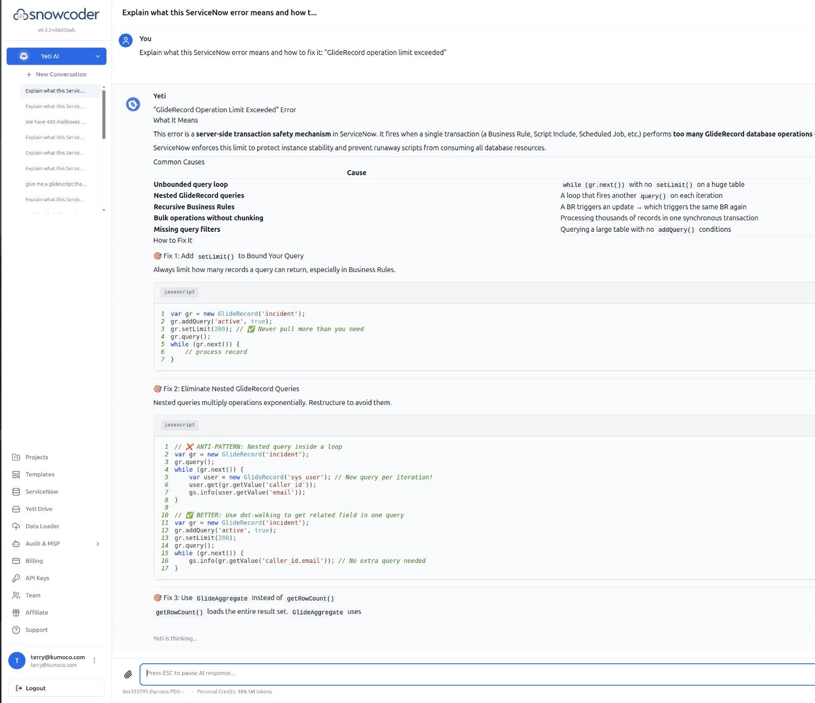 Yeti AI Chat explaining a GlideRecord operation limit exceeded error, with three numbered fixes (add setLimit(), eliminate nested GlideRecord queries, use GlideAggregate) including syntax-highlighted code blocks. Left rail shows Projects, Templates, ServiceNow, Yeti Drive, Data Loader, Audit and MSP, Billing, API Keys.
